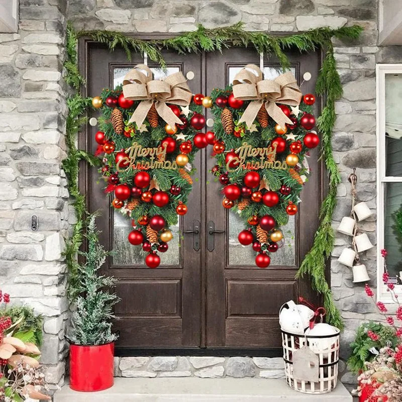 2Pcs Christmas Front Door Wreath Xmas Teardrop Wreath Set For Front Door, Wall, Fireplace