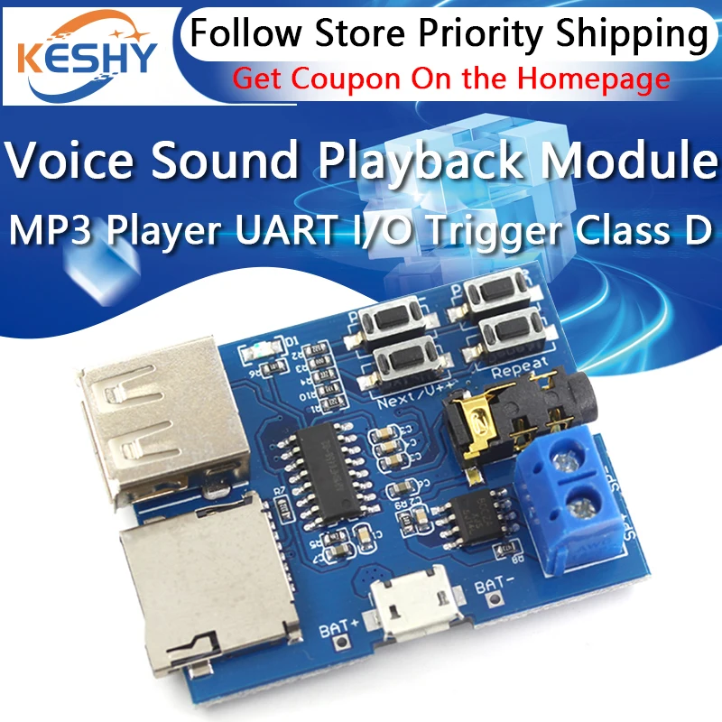 Voice Sound Playback Module Arduino MP3 Player Module UART I/O Trigger Class D Amplifier Board 5W 8M Storage DY-SV8F SD/TF Card