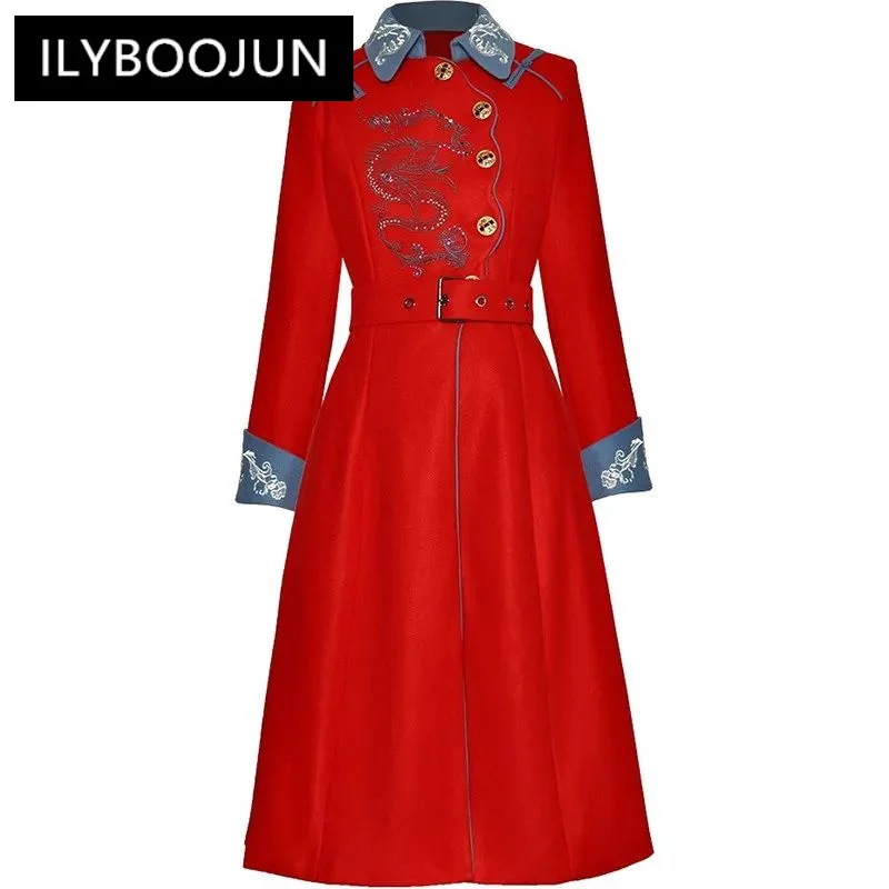 

Runway Women's Coat Turn-down Collar Long Sleeved Embroidery Single-breasted Lace-up Overcoat For Women 2024 Luxury Brand