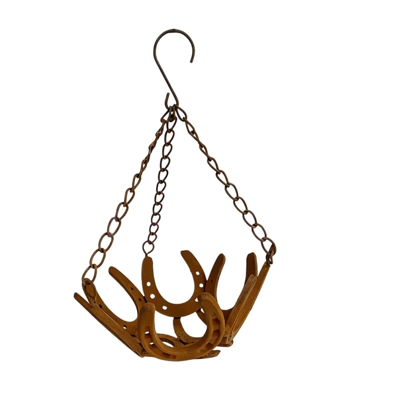 Horseshoe Hanging Flower Pot Basket With Iron Metal Frame, Brown Finish, Top Hook and Chain Holder for Porch Balcony Indoor KXRE
