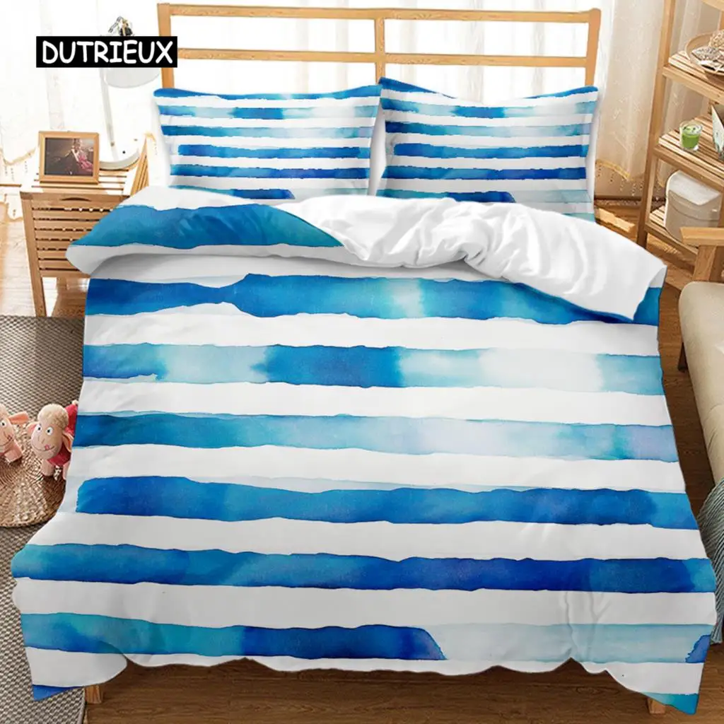 Geometric Pattern Duvet Cover Modern Circled Wavy Like Blue White Stripes Bedding Set Double Queen King Polyester Qulit Cover