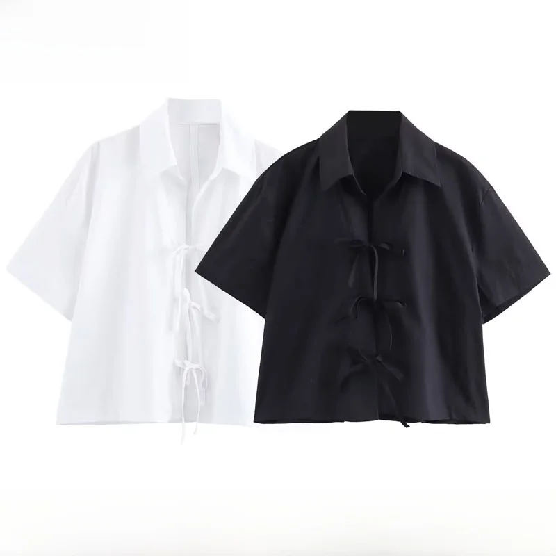 

Spring Summer New Arrival Women's Oxford Shirt Knot Versatile Fashionable Polyester Fiber Short Sleeve Turn-down Co...