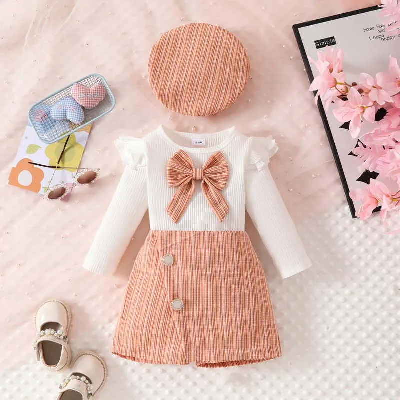 

Toddler Girl Outfits 3Pcs Set Fashion Pit Stripe Fly Sleeve Solid Color Top Short Pants With Hat Baby Girl Clothes 1-3 Years Old