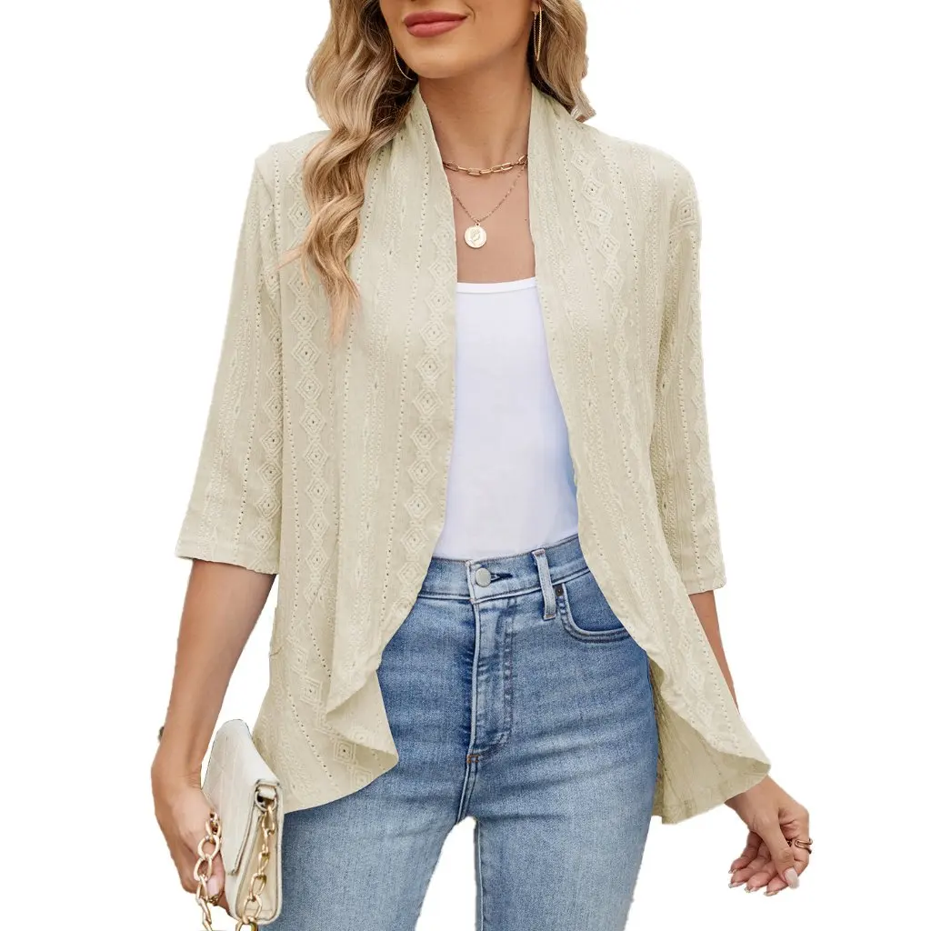 

Women's Solid Color Cardigan Coat Seven Sleeve Ruffled Top Spring Summer New Fashion by Europe And US Trade