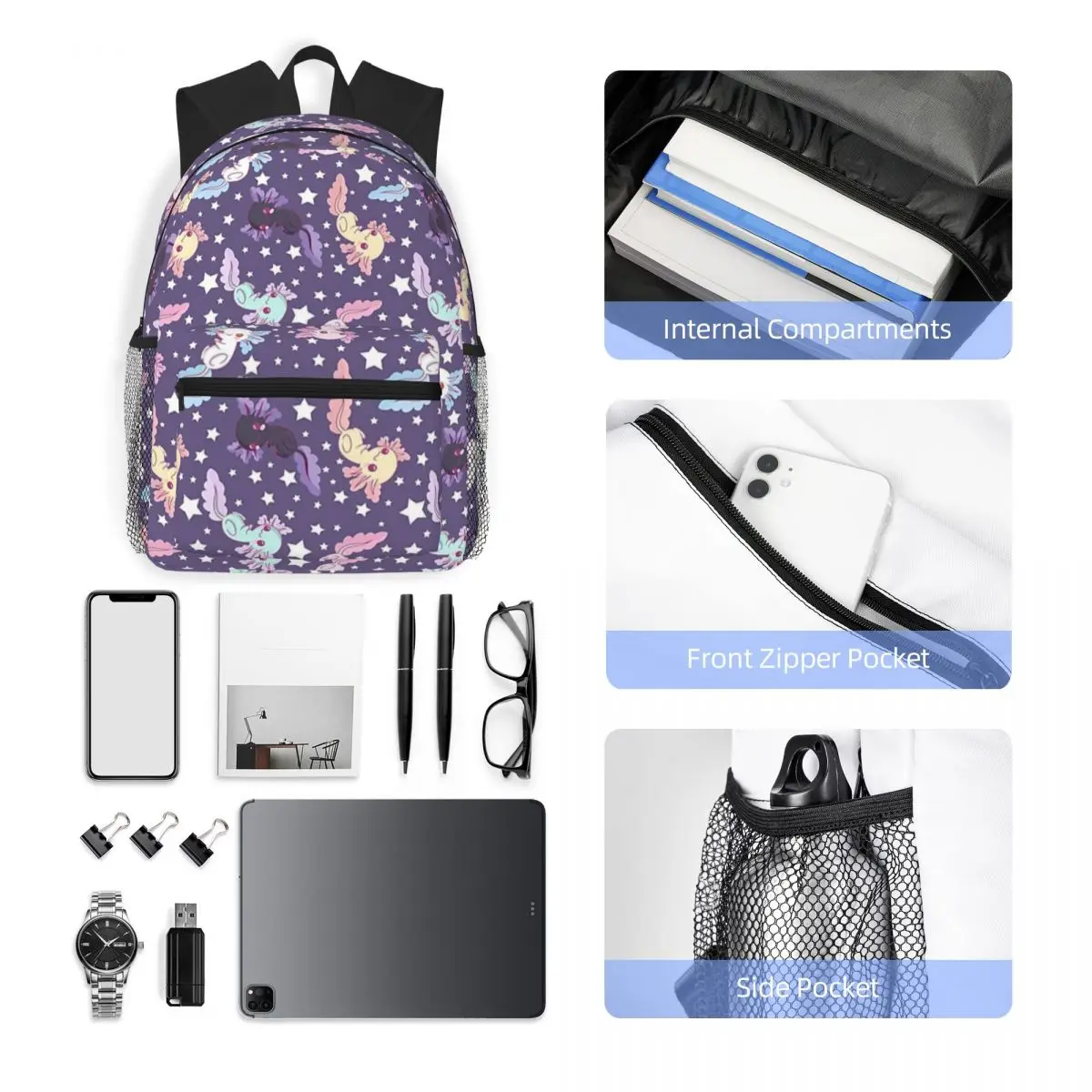 Ransel Pelajar Ungu Pola Axolotl Kawaii Tas Sekolah Daypack Travel Hiking untuk Tas Bahu Tas Buku Fashion Anak Laki-laki Perempuan