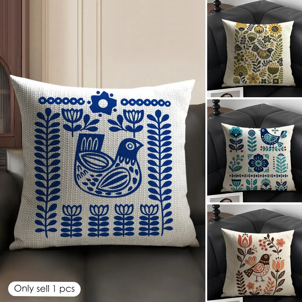 Art Bird Pattern Cushion Cover Linen Organic Fabric Double-Sided Printing Sofa Breathable Home Decor Gift Pillow Case