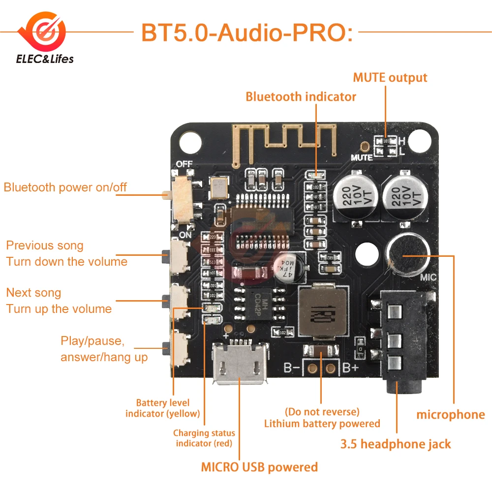 Bluetooth Audio Receiver Board VHM-314 Bluetooth 5.0 MP3 Lossless Decoder Board Wireless Stereo Music Module 3.7-5V