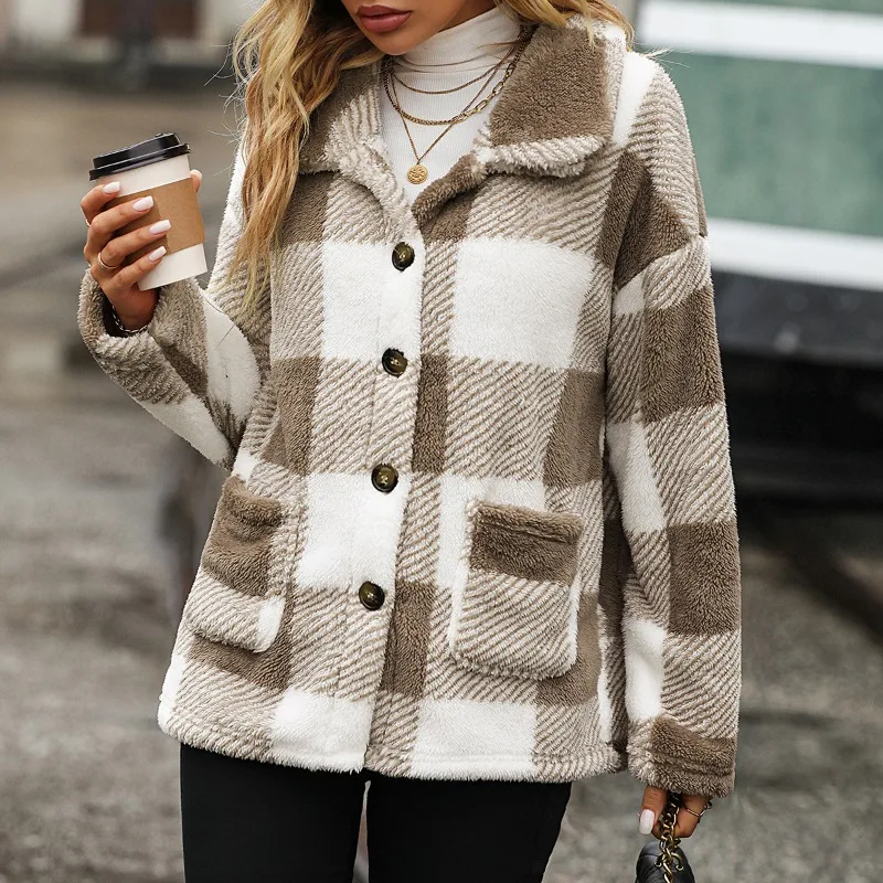 Abbigliamento donna autunno inverno donna risvolto manica lunga medio lungo plaid monopetto giacca casual in velluto a doppia faccia