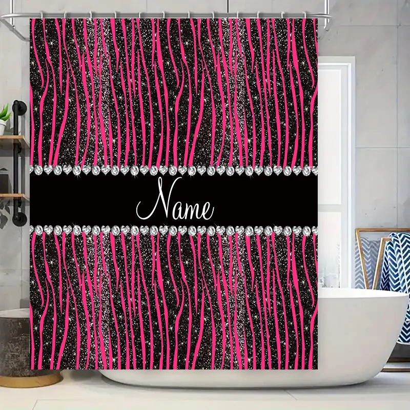

Персонализированная занавеска для душа с черными, розовыми, белыми полосками, блестящими стразами для декора ванной комнаты, настраиваемое имя 36x72 дюйма