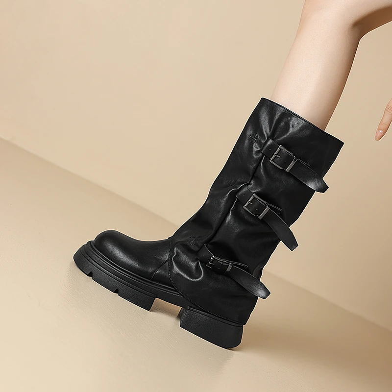 Round Toe Belt Buckle Women Boots Fashion Flat Sole Mid Calf Autumn Niche Design Patent Leather Soid Women Shoes New Arrivals image 4