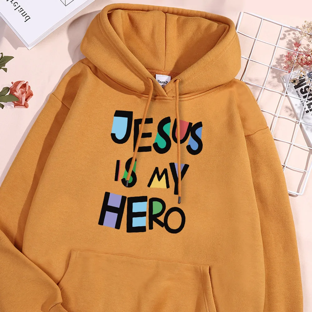 Jesus Is My Hero Letter Hoodie Men Fur-liner Fleece Hoodies Simple Oversize Loose Pullover Soft Comfort Hoody Casual Men's Tops