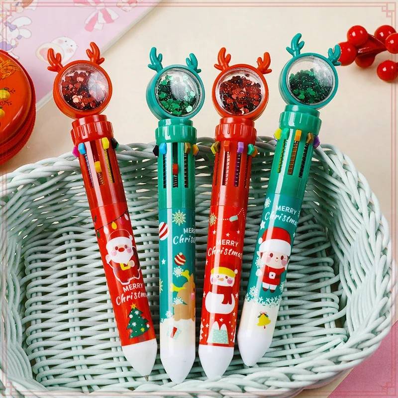 12 Pcs Wholesale 10 Colors Cartoon Christmas Glitter Ballpoint Pens  for Student  Gift