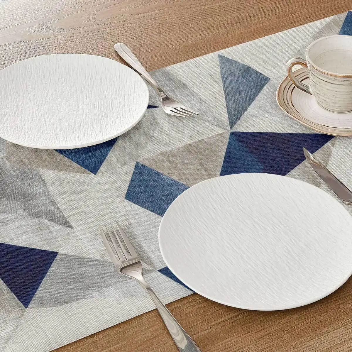 Blue White Gray Abstract Lines Table Runner - Minimalist Contemporary Dining Table Decor