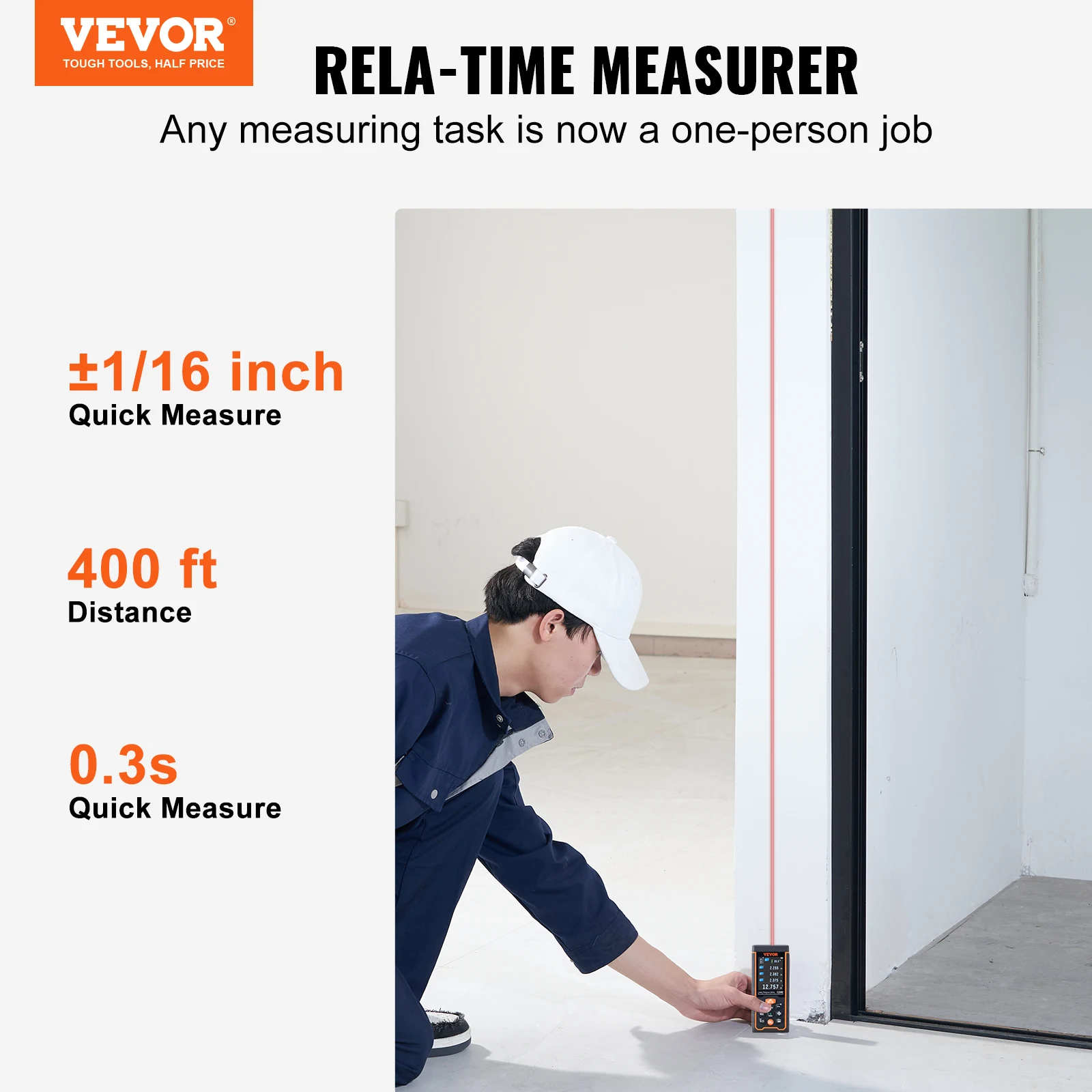 VEVOR Laser Measure 400 ft ±1/16'' Accuracy Laser Distance Measure With LCD Screen Laser Meter Measure Distance/Area/Volume