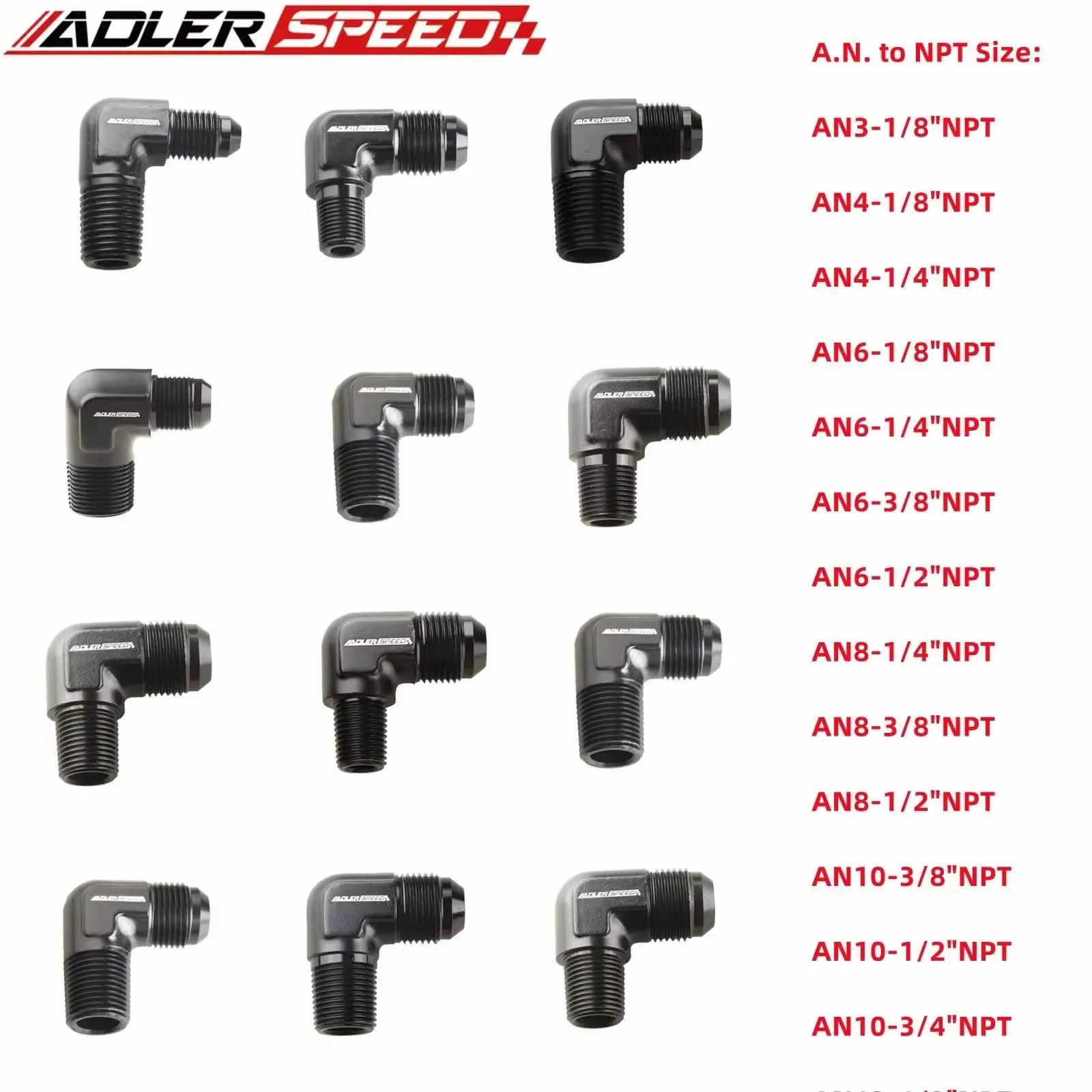 ADLERSPEED AN3 AN4 AN6 AN8 AN10 AN12 Расклешенная наружная резьба до адаптера 1/8 дюйма 3/8 дюйма 1/2 дюйма 3/4 дюйма NPT, фитинг для шланга трубки 90 градусов, синий/черный