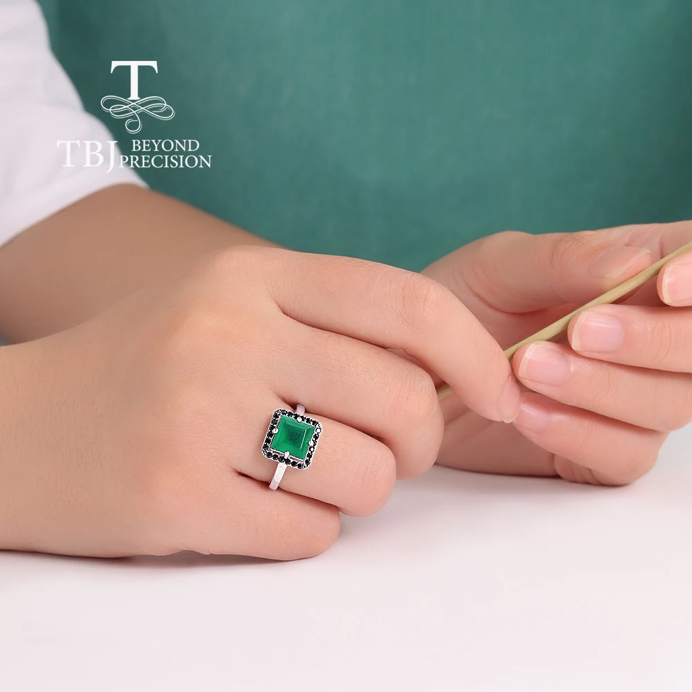 Women's 925 Sterling Silver Jewelry Set with Natural Green Agate Square 8.0mm Ring And Earrings for Banquet Gifts view 3