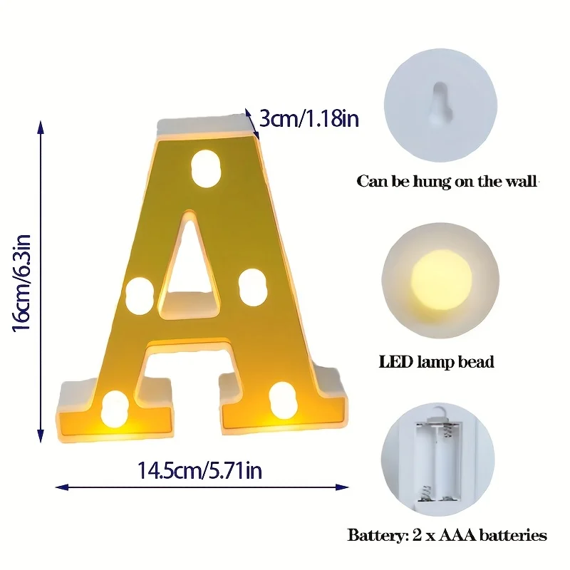 1Pc 16cm Golden LED Letter Light Emitting Letters Numbers Night Light Battery Powered Suitable for Home Bars Weddings Birthdays