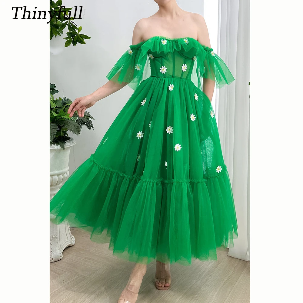 

Thinyfull A-line Off Shoulder Prom Dress Sleeveless Tulle Evening Party Dresses Tea-length Special Occasion Gown Customized