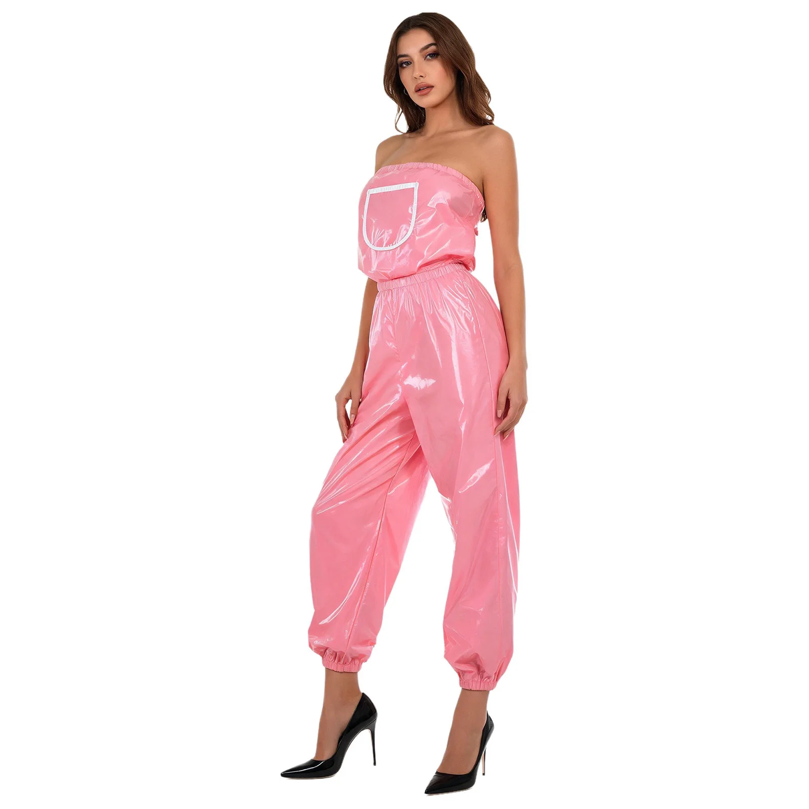 Womens Y2K Glossy Jumpsuit Clubwear Waterproof Off Shoulder Elastic Waist Bodysuit Adaptive Rompers for Nightclub Rave Party
