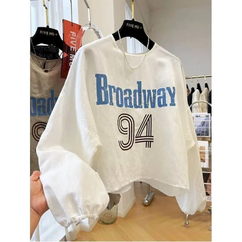 T-shirt da donna sportive O-collo oversize lettera stampata top vintage casual stile americano grembiule manica lunga autunno abbigliamento donna