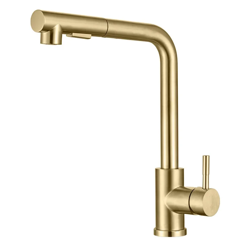 Brushed Gold Kitchen Basin Faucet 360 Swivel Vessel Sink Mixer Pull Out Spout Hot Cold Water Taps Stream Sprayer Head Deck Mount