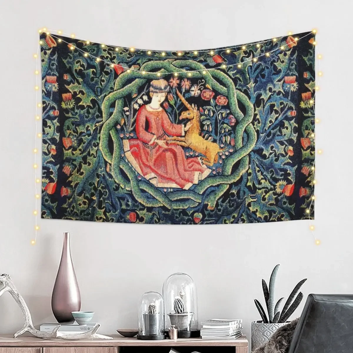 LADY AND UNICORN CROWN WITH RED THISTLES ,WILD FLOWERS Antique Green Blue Floral Tapestry Wall Deco Home Decorators Tapestry