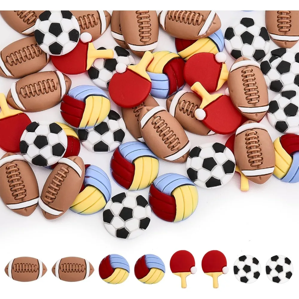 64Pcs 4Styles Sports Theme Opaque Resin Cabochons Rugby Volleyball Table Tennis Football Pattern Beads for DIY Scrapbooking