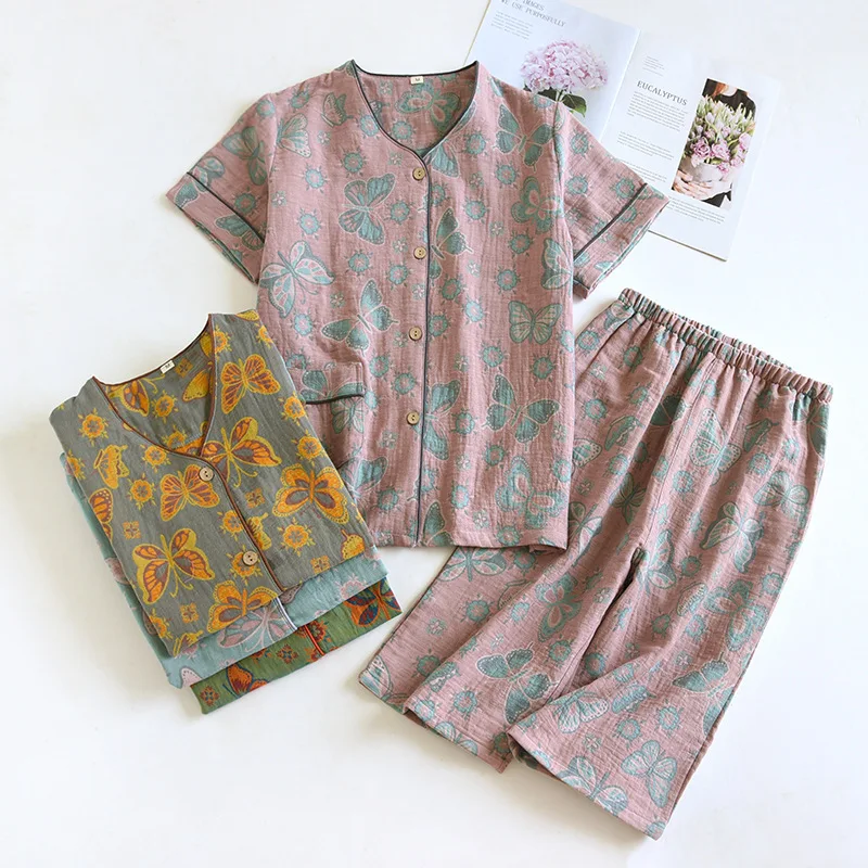 

Retro Fashion butterfly shorts pajama sets women summer 100% gauze cotton short sleeves pyjamas sleepwear Chinese style