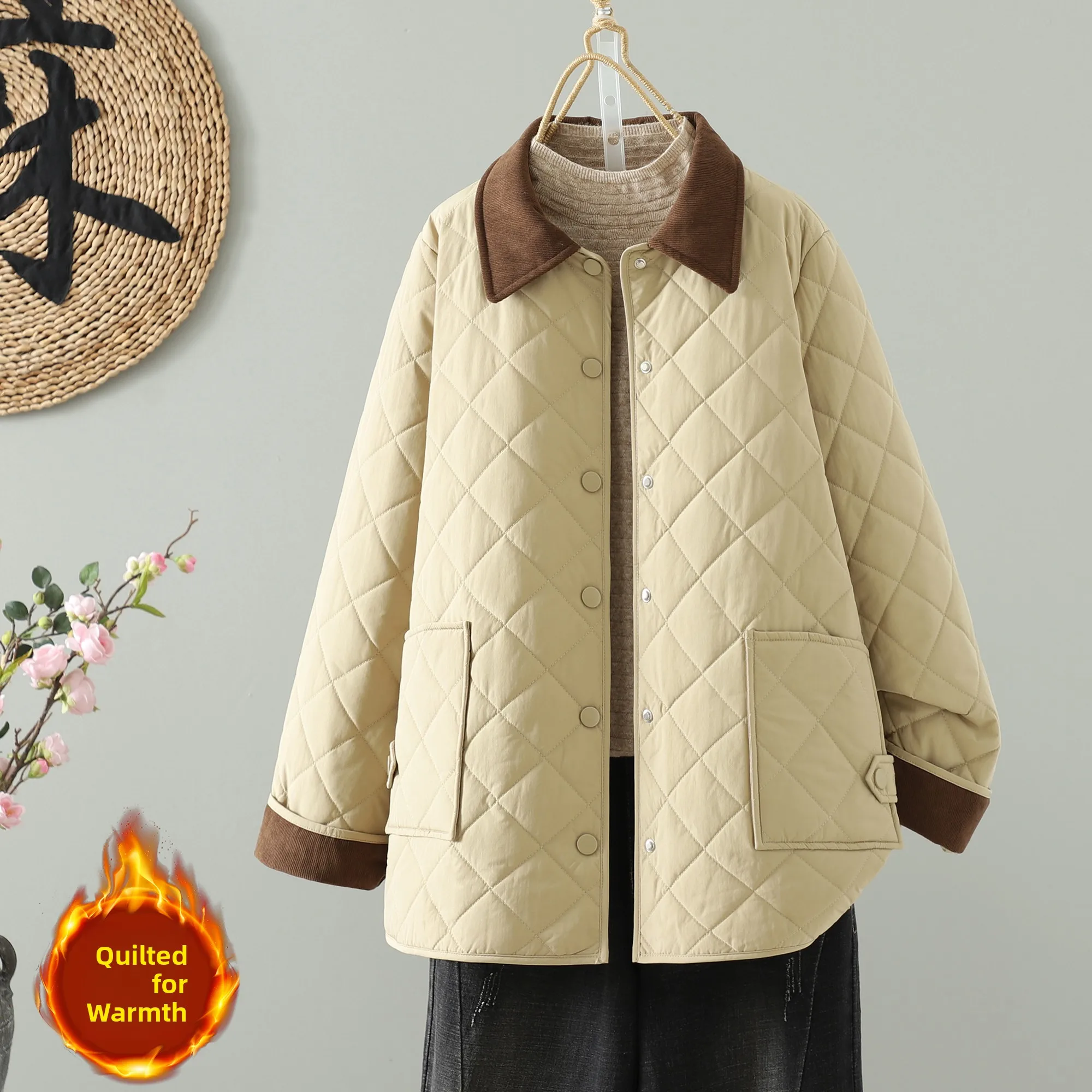 

Winter Color Blo Barn Sle Loose Fit Women's Cotton Jaet Stand Collar Faionable Patchwork Thiened Long Sve Coat