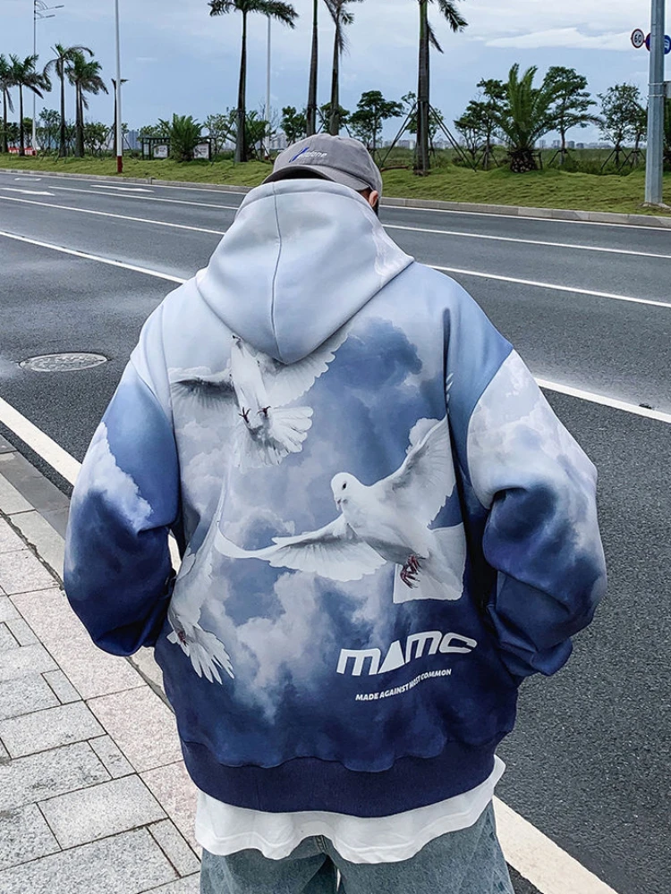 Male Clothes Blue Sweatshirt for Men Graphic Hooded Hoodies Couple Outfit Loose Harajuku Fashion No Brand Luxury New in Overfit