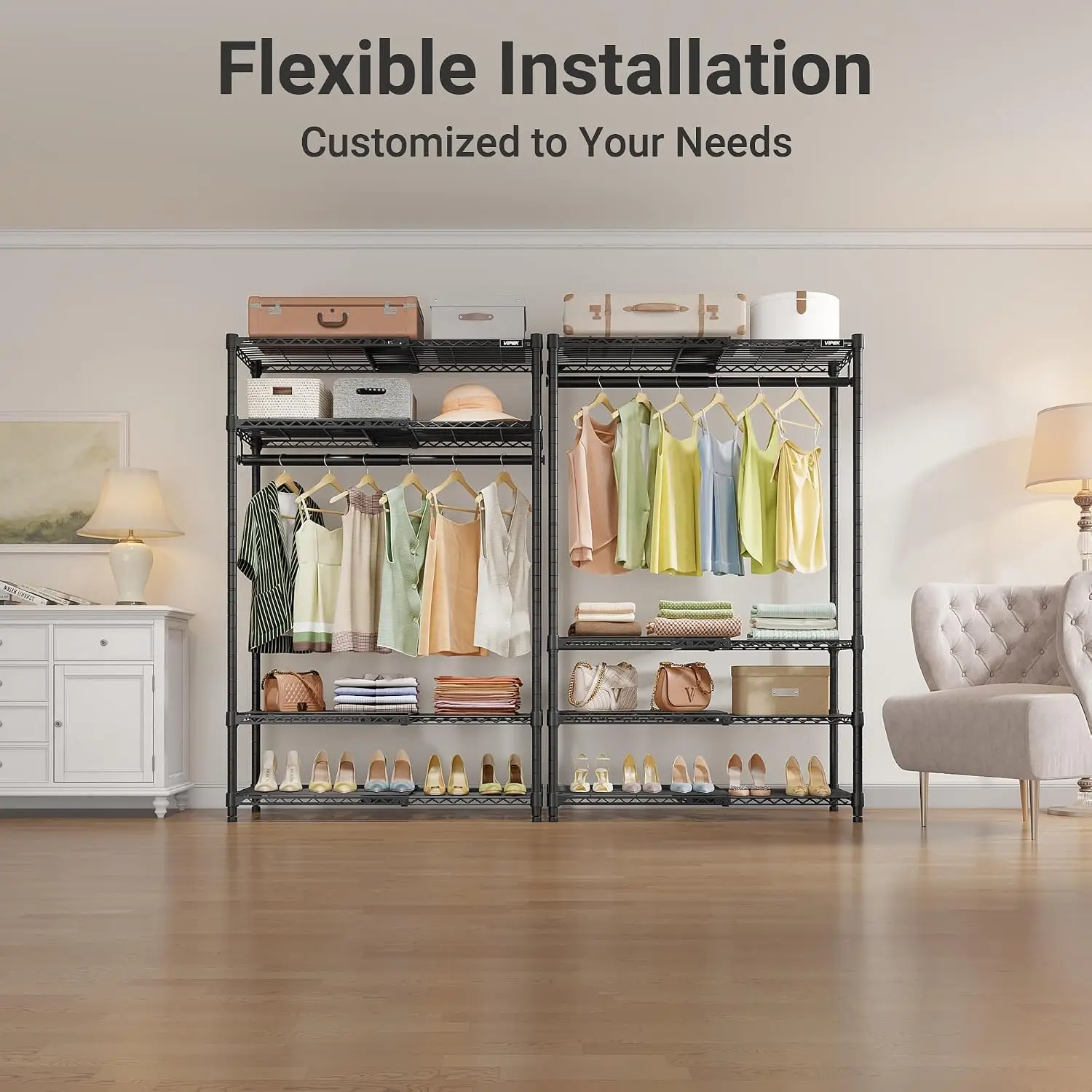 Heavy Duty Expandable Metal Freestanding Garment Storage Organizer Adjustable Multi Tier Wire Storage Shelves Multi Hanging Bars Portable Open Wardrobe System For Household Reach In Walk In Closet Clothing Storage