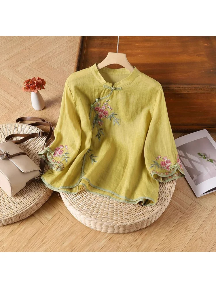 

Elegant Mommy Style Loose Fit Shirt with Embroidery 3/4 Sleeve Stand Collar Side Slit Traditional Chinese Ethnic New Fashion