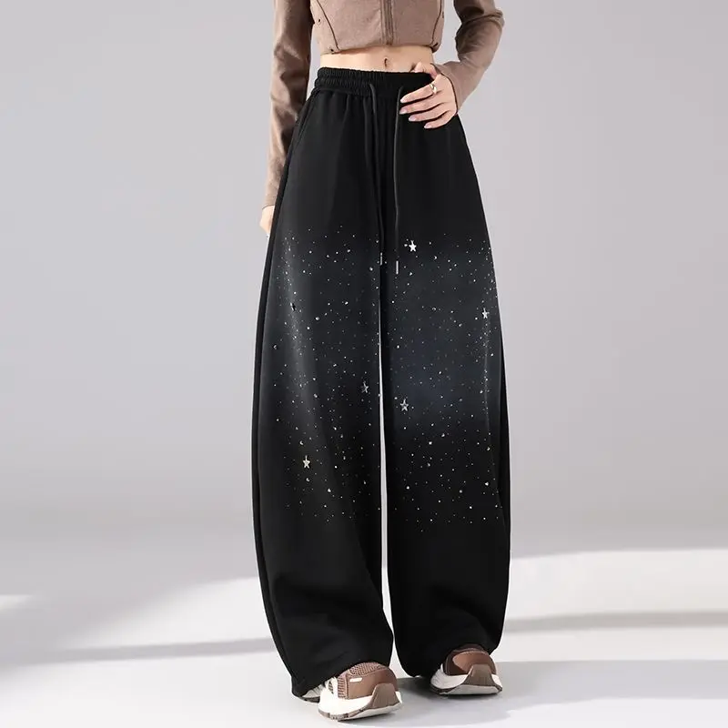 Fashion Women's Rhinestone Sweatpants Autumn Winter Gradient Color Loose Plush Pants American Casual Street Style Trousers