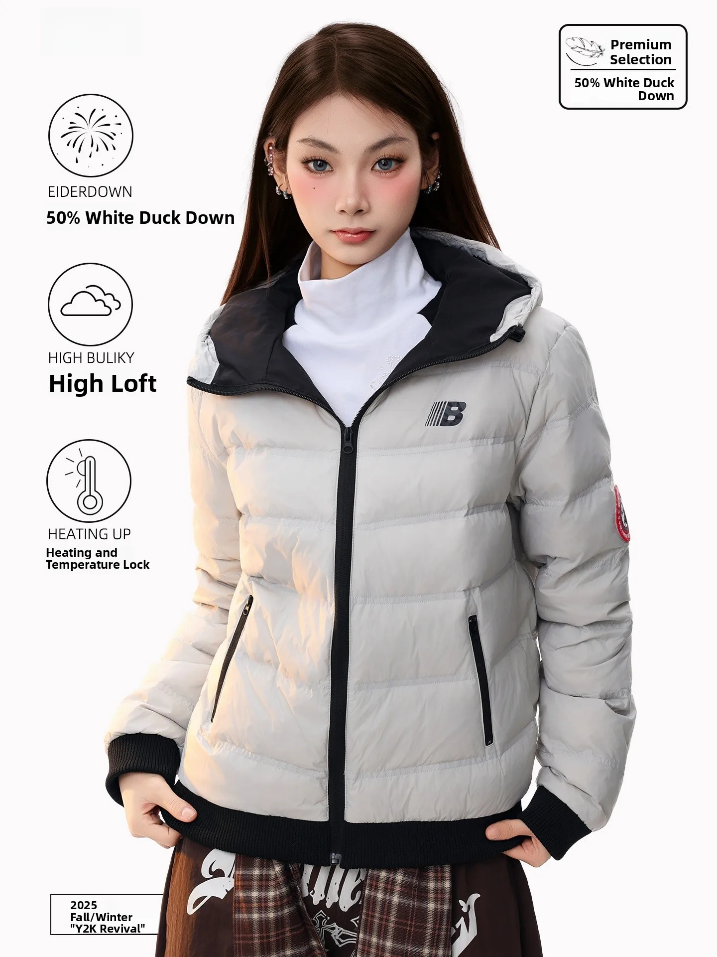 

PBB Casual Style Contrast Color Embroidery Women's down Jacket Lightweight White Duck Feather Hooded Ribbed Pattern Coat