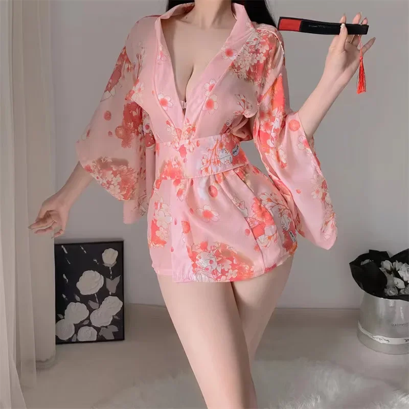 Women Sexy Lingerie Cosplay Pink Japanese Kimono Set Home Pajamas Bodysuit Women\'s Underwear Japan Short Dress Lace Sleepwear