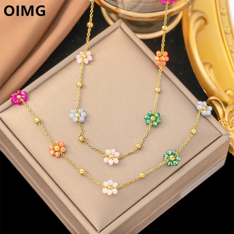 OIMG 316L Stainless Steel Waterproof Necklace Bracelet Set Colorful Artificial Crystal Flower Chain Jewelry Set for Women Gift