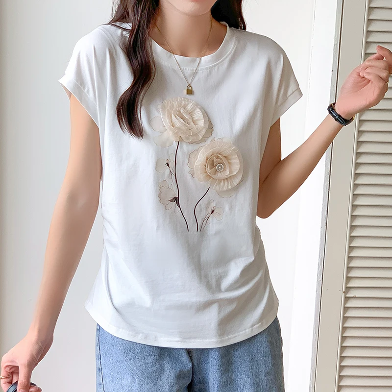 M-3XL 95Cotton Summer Short Sleeve T-Shirts Women 2024 O Neck Floral Appliques Slim Waist Designer Tops Girls Trendy White Tees