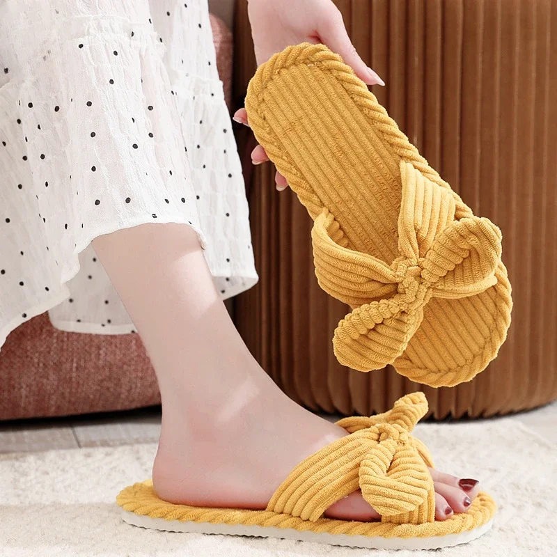 Vrouwen Corduroy Boog Woonkamer Slippers Thuis Zachte Casual Herfst Stille Eva Anti Slip Visgraat Slippers