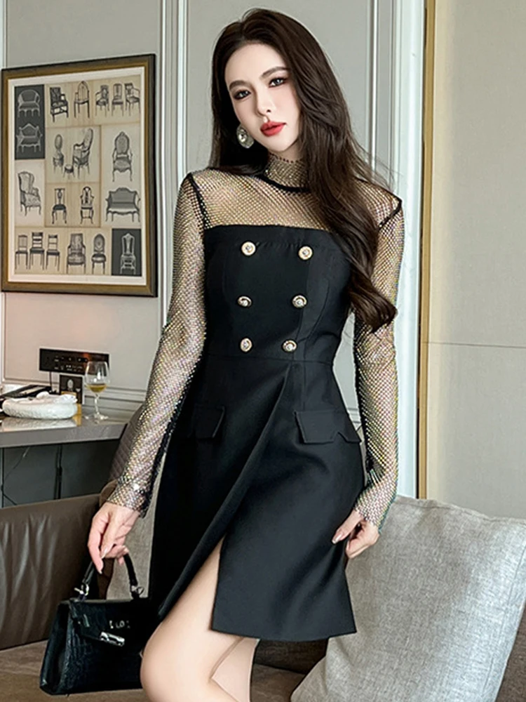 Moda donna lusso nero glitter abiti corti da sera abbigliamento donna sexy cava sottile mini abito da ballo Mujer abiti Fiesta