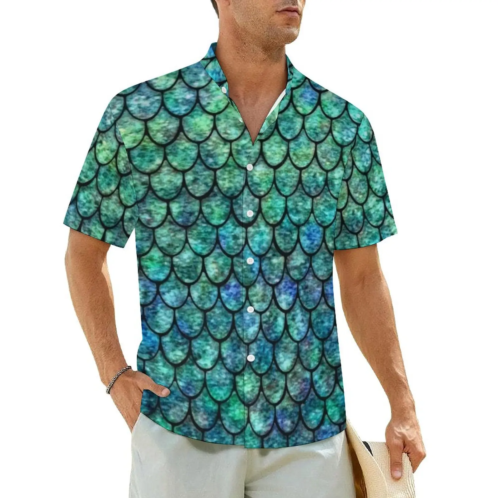 

Colorful Sparkle Beach Shirt Man Mermaid Scales Print Classic Casual Shirts Hawaiian Short-Sleeved Breathable Oversize Blouses