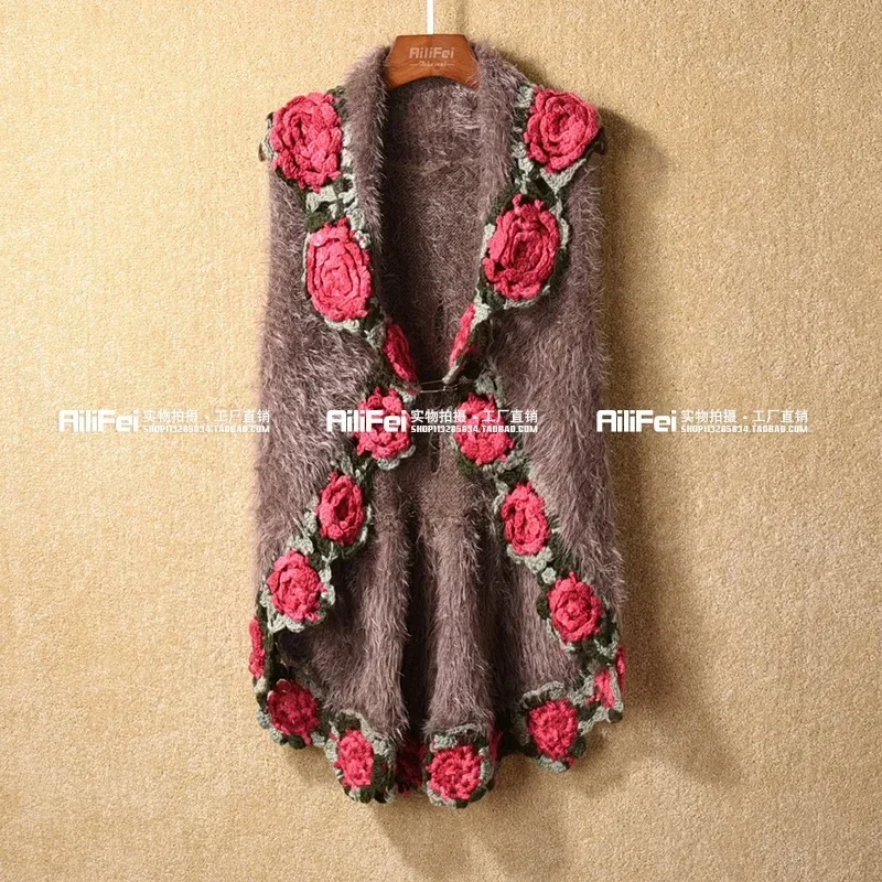 winter women mohair knitted wraps cargidans lady sleeveless embroidery rose sweaters women crochet flower swing sweaters dis5