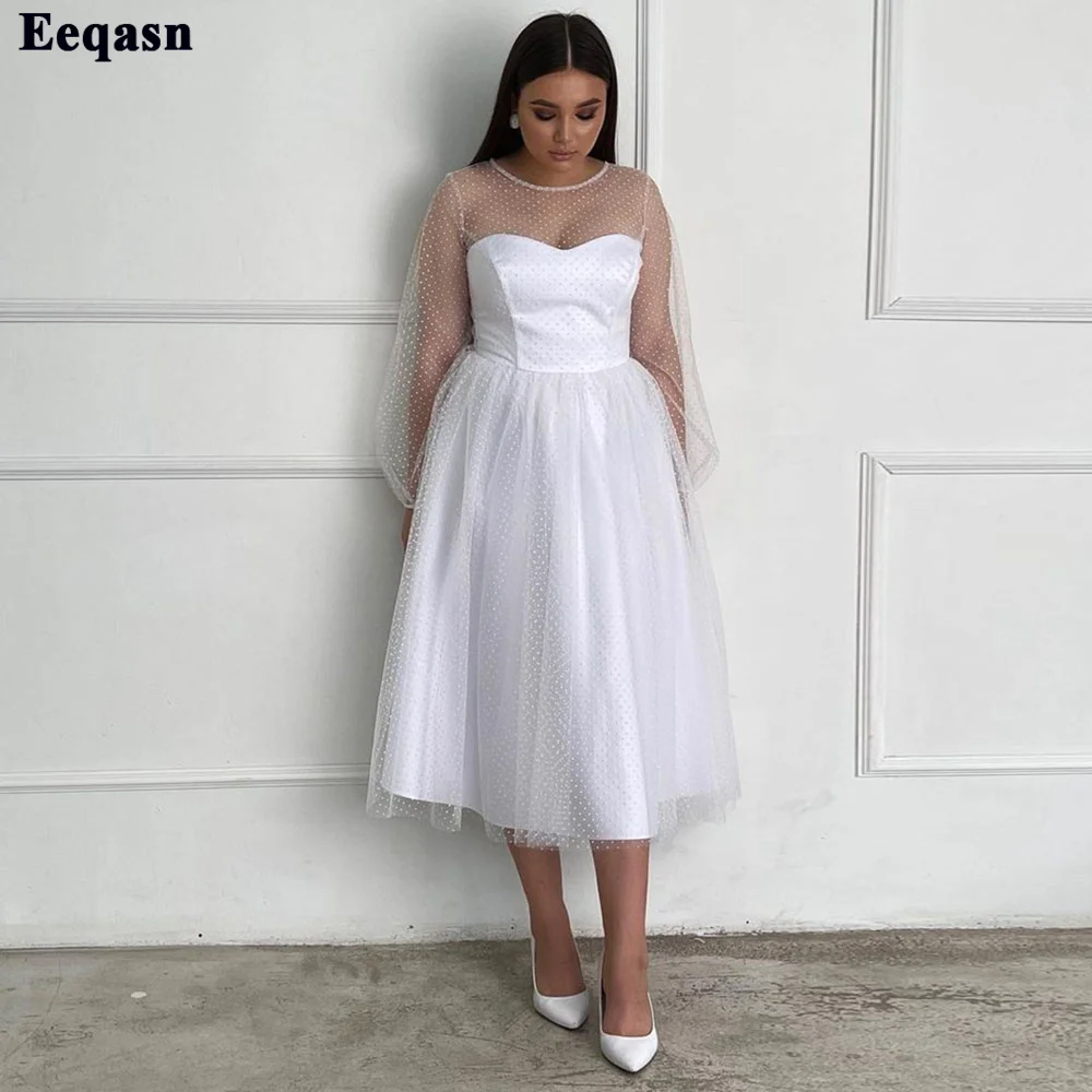 

Eeqasn White Polka Dots Short Weddin Dresses Long Sleeves Tea-Length Tulle Bride Wedding Party Gowns Women Princess Bridal Dress