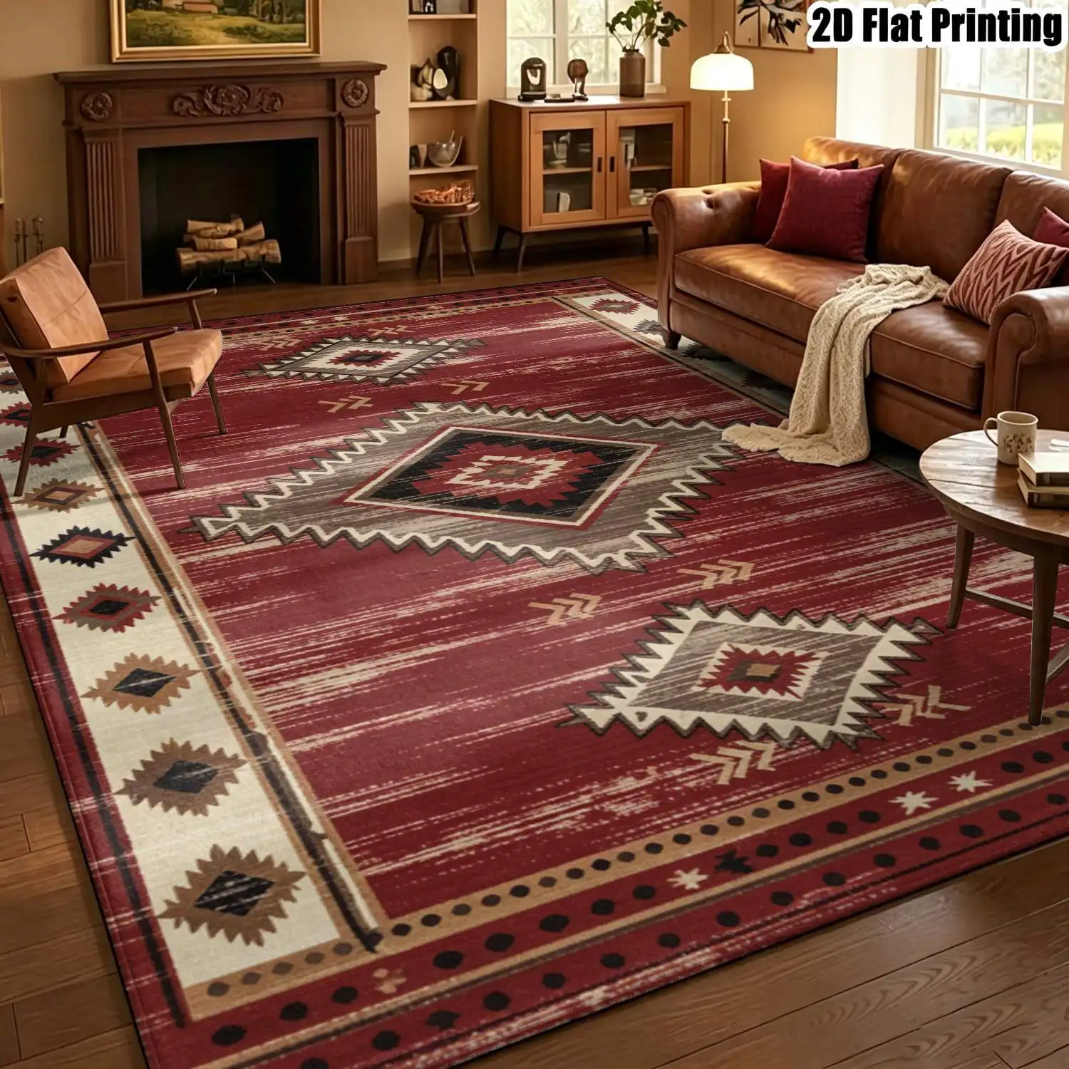 1Pc 2D Printed Burgundy Geometric Retro Carpet, Bohemian Home Decor Rug, Multiple Sizes, Machine Washable, for Entrance, Dining, Living, Bedroom Etc