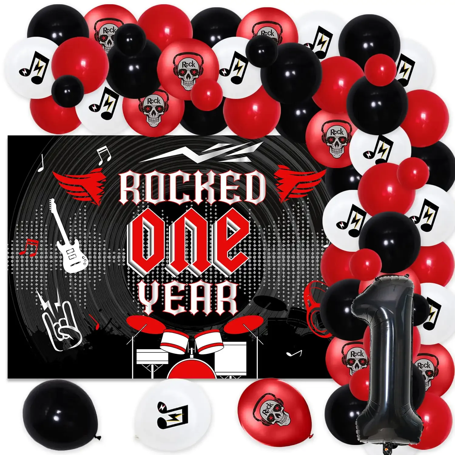 

Rocked One Year 1st Birthday Party Decorations Rock and Roll Music Birthday Supplies Boys Girl Background Red Black Balloon Arch