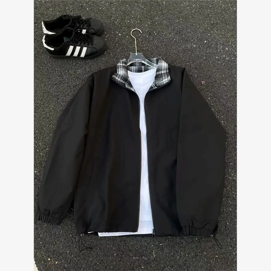 

Cleanfit Plaid Patchwork Men's Jaet Autumn High-End Sle Flight Jaet No Cap Stand Collar Baseball Coat Youth Faion