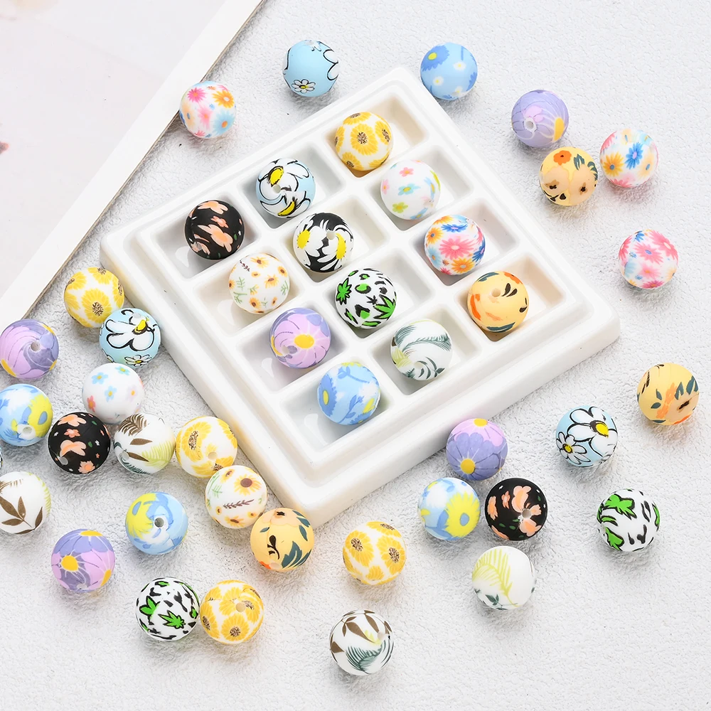 10Pcs Flower Printed Silicone Beads 15mm Floral Round Silicone Beads For Pacifier Chain Holder Clips Jewelry Making DIY