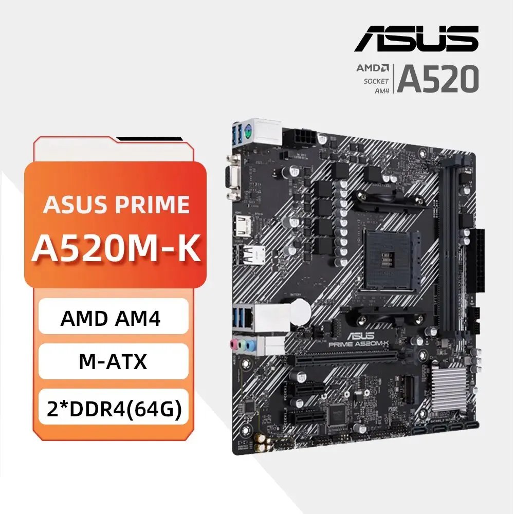 Asus PRIME A520M-K 소켓 AM4 마더보드, DDR4 64GB PCI-E 3.0 M.2 데스크탑, SATA 6 Gbps, USB 3.2 Gen 1