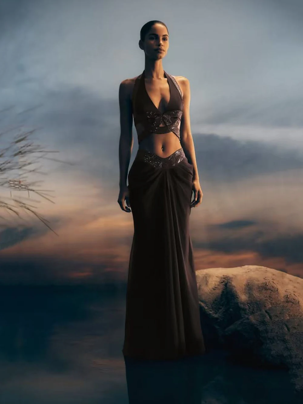 European And American Style Spicy Girl Hanging Neck Hot Diamond Exposed Waist Set Skirt Sexy Slim Fit Long Dinner Dress image 4