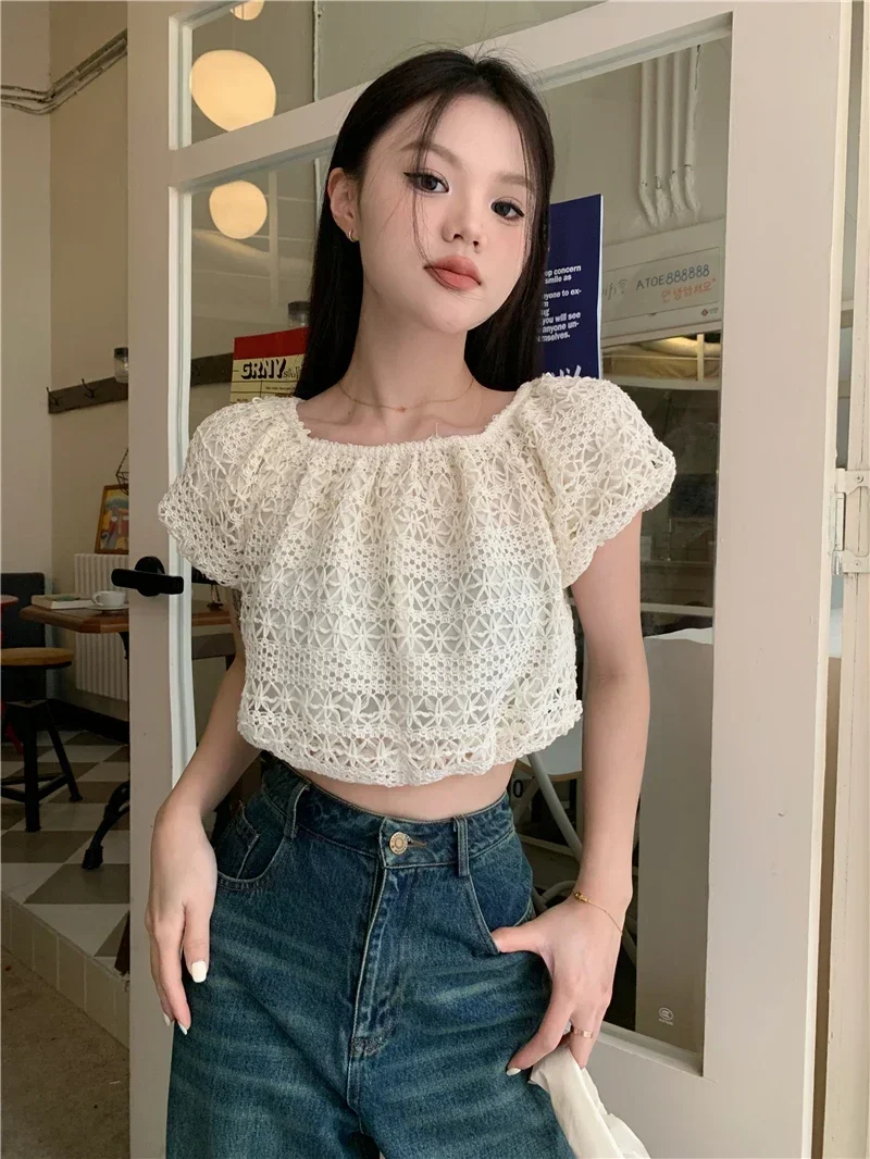 

Blusas Mujer De Moda 2025 Vintage Puff Sleeve Blouses Y2k Hollow Out Crochet Crop Tops Korean Summer Elegant Lace Shirts