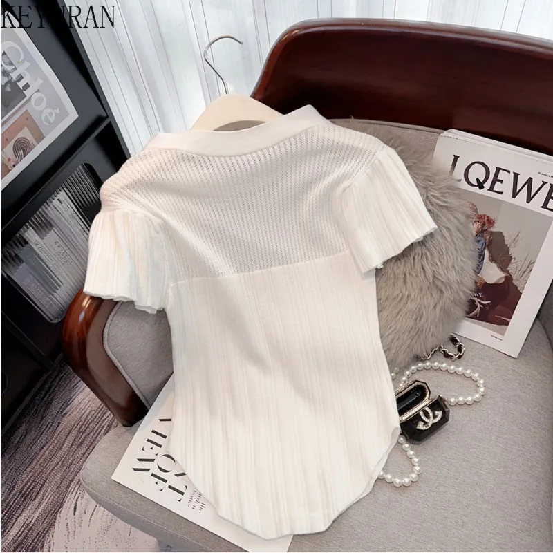 Summer Sweet Slim Ice Silk Knit T-shrit Sweater Women Lace-up Collar Hollow Out Short Sleeve Sweater Pullover Knitwear Tops Tees